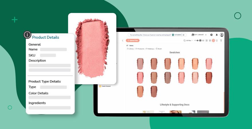 Die Benutzeroberfläche von Canto zeigt Assets aus dem Kosmetikbereich mit Dialogfenstern für eine vergrößerte Produktabbildung und für Produktdetails wie SKU, Beschreibung, Farbe und Typ für strukturiertes Datenbankmanagement.