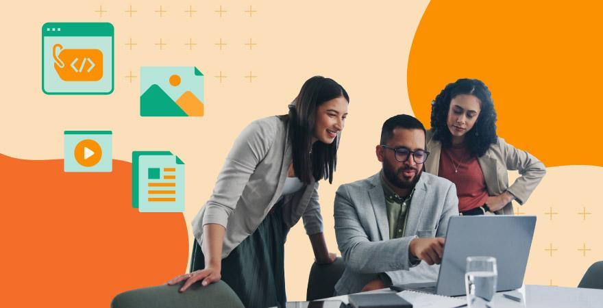 A group of people on a computer with icons of image and video assets metadata and a sale folder over an orange background