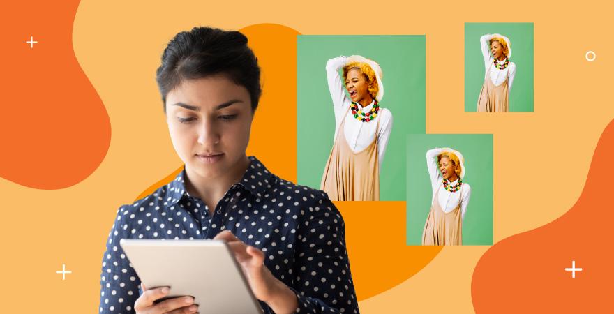 A woman reviews multiple versions of a the same document. Images of a model float on an orange background. 