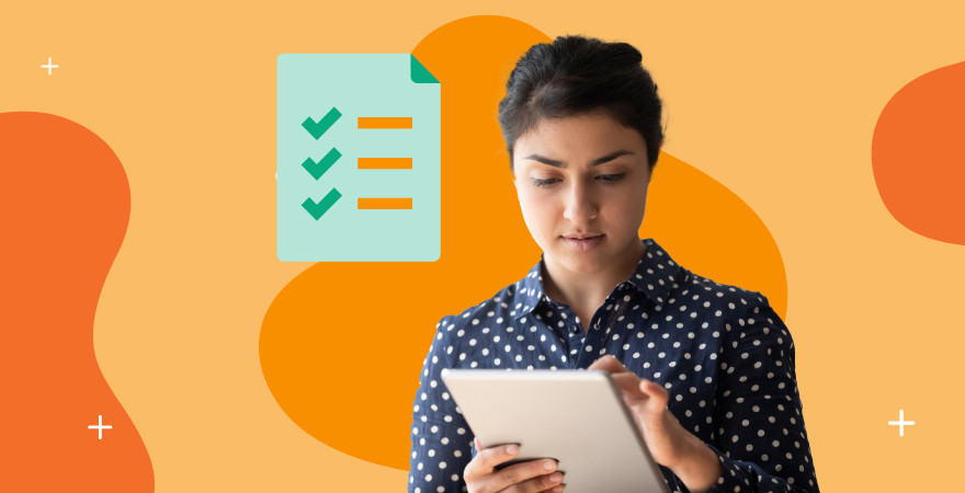 Marketing professional reviewing brand guidelines checklist on a tablet to ensure content consistency across teams.