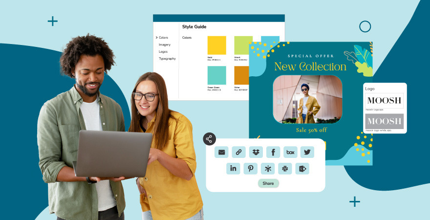 Team reviewing brand guidelines style guide with color swatches and sharing approved brand assets across social media platforms.