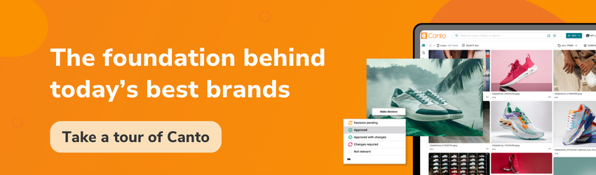 Canto digital asset management platform displaying brand guidelines approval workflow with approved, changes required, and pending status options.