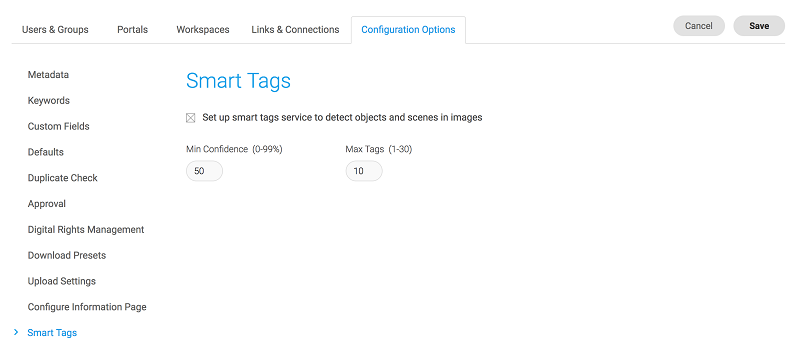 Ein Screenshot der Konfigurationsseite für Smart Tags im DAM von Canto.