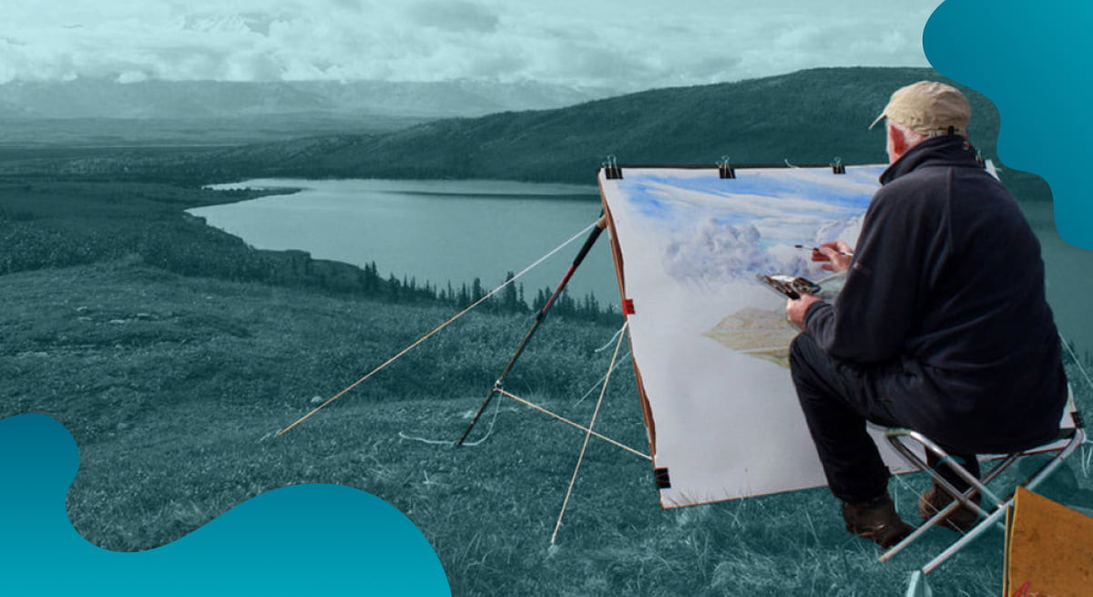 Das Titelbild der Foster Art & Wilderness Foundation in Blau zeigt Tony Foster beim Malen einer Landschaft.