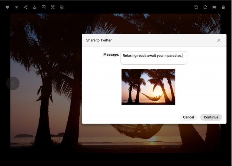 Screenshot der Benutzeroberfläche des DAM-Systems von Canto mit dem Bild eines tropischen Sonnenuntergangs und einer Hängematte in der Detailansicht, überlagert von einem Dialogfenster, das die Option zum Teilen des gewählten Assets mit einer benutzerdefinierten Nachricht auf Twitter anbietet.