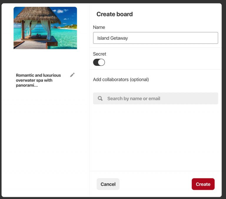 Screenshot der Benutzeroberfläche des DAM-Systems von Canto mit einem Dialogfenster, das Optionen zum Erstellen eines neuen Pinterest-Boards mit dem ausgewählten Asset direkt aus Canto heraus anbietet.