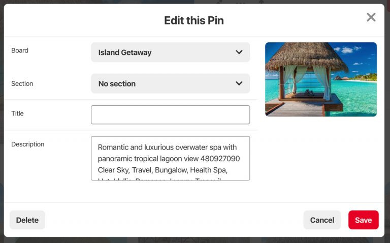 Screenshot der Benutzeroberfläche des DAM-Systems von Canto mit einem Dialogfenster, das Optionen zum Bearbeiten eines Pins in Pinterest anbietet.