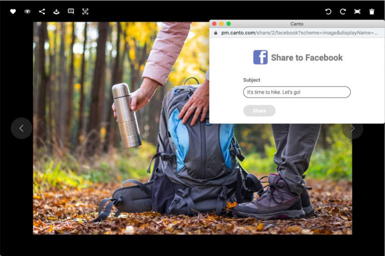 Screenshot der Detailansicht eines Bildes im DAM-System von Canto, darüber ein Dialogfenster zum Teilen des Bildes auf Facebook.