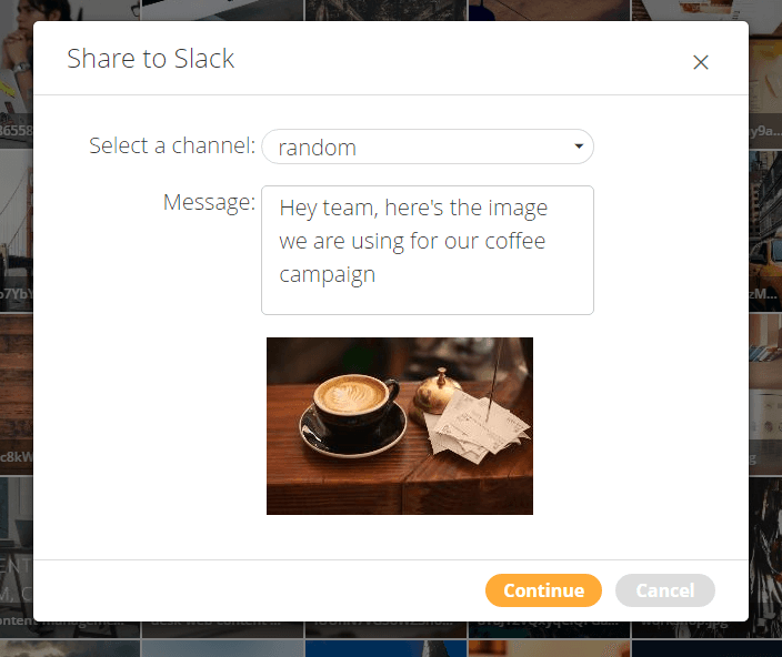 Screenshot der Eingabemaske für das Teilen eines Assets in Slack, mit Ansicht des Bildes, Auswahlfeld für den Channel und Textfeld für die Nachricht.