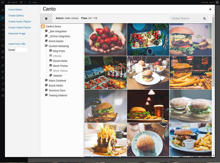 Screenshot der WordPress Integration mit dem DAM-System von Canto.
