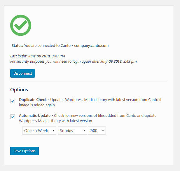 Screenshot der Statusmeldung der WordPress Integration mit dem DAM-System von Canto.