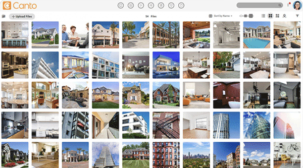Screenshot der Hauptmedienbibliothek des DAM-Systems von Canto mit Vorschaubildern von Immobilienfotografien in der zentralen Asset-Übersicht.