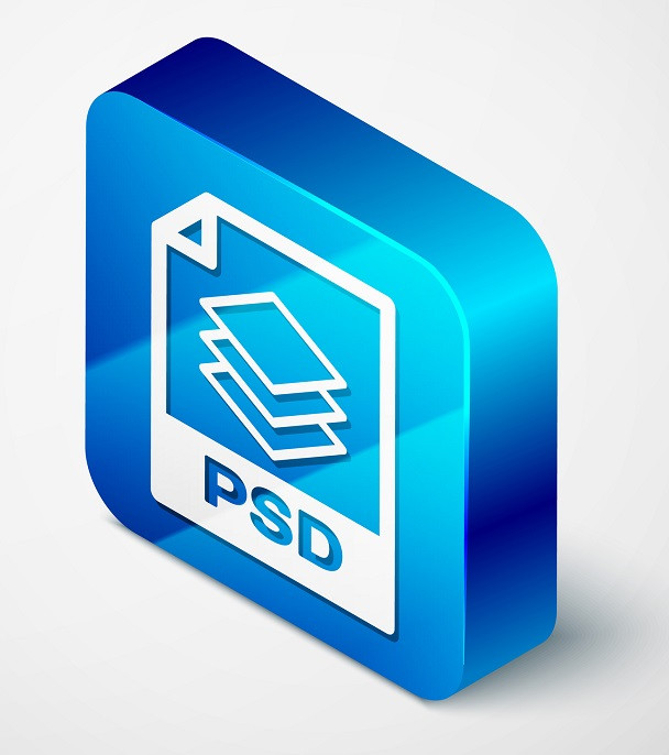 In einem blauen Würfel wird das Symbol für das PSD-Bildformat dargestellt.