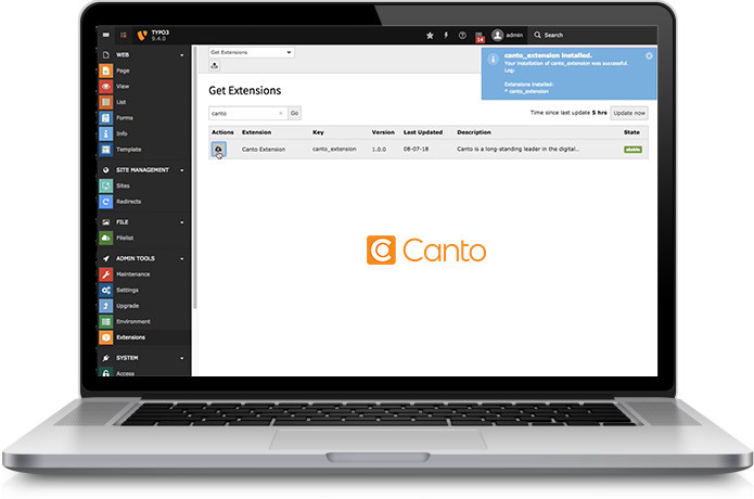Ein Laptop, auf dem die Erweiterungseinstellungen zur Installation der TYPO3-Integration für das DAM-System von Canto angezeigt werden.