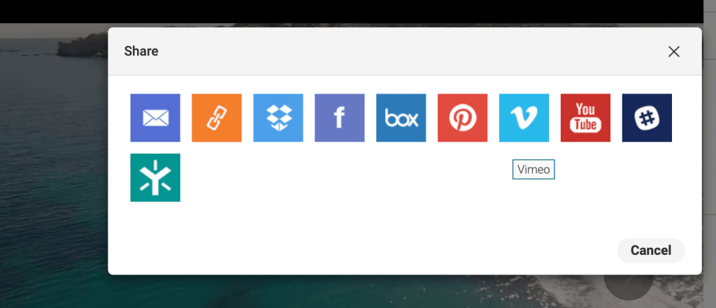 Screenshot eines Dialogfensters im DAM-System von Canto, das mithilfe von Logos die verschiedenen unterstützten Möglichkeiten zur Freigabe eines Assets darstellt.