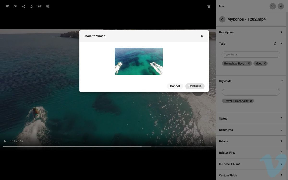 Screenshot eines Dialogfensters im Canto DAM, das den nächsten Schritt bei der Freigabe eines Assets über Vimeo anzeigt.