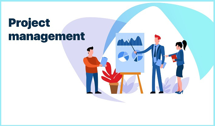 Eine Gruppe von animierten Personen diskutiert über verschiedene Diagramme, die Projektmanagement-Methoden abbilden.