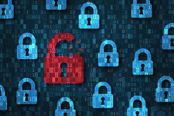Eine Abbildung von digitalen Vorhängeschlössern zwischen Nullen und Einsen, eines davon ist beschädigt und in rot dargestellt.
