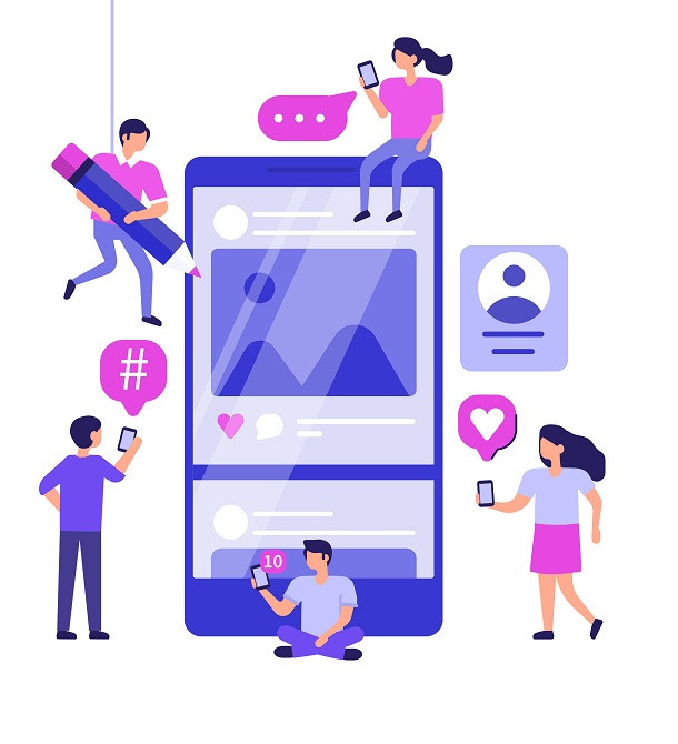 Eine Gruppe animierter Personen, die mithilfe des Slack Dateispeicher auf Social Media vernetzt bleiben.