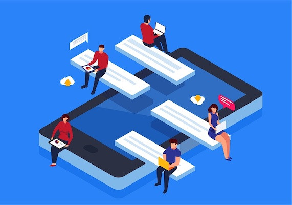 Animierte Personen, die digital miteinander in Verbindung bleiben.