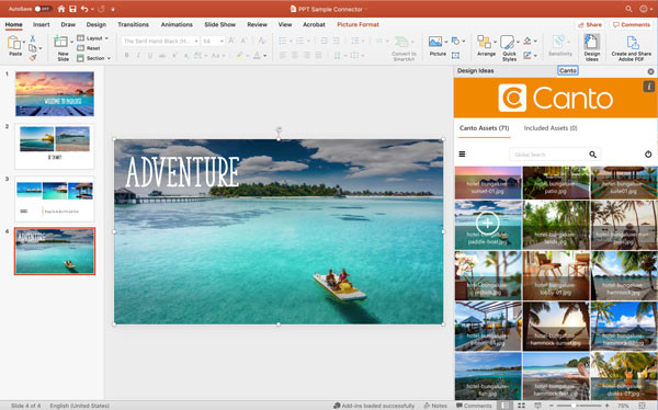 Eine Vorschau auf den Canto Connector für Microsoft PowerPoint im Einsatz.