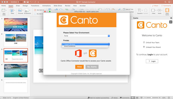 Ein Screenshot zeigt, wie Sie sich mit dem Canto Connector für Microsoft PowerPoint in Ihrem Canto Konto anmelden.