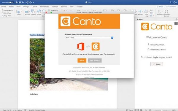 Ein Screenshot zeigt, wie Sie sich mit dem Canto Connector für Microsoft Word in Ihrem Canto Konto anmelden.