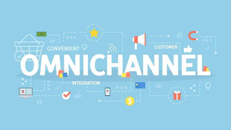 Der Schriftzug Omnichannel Marketing umringt von mehreren Symbolen für verschuiedene Kommunikationskanäle.