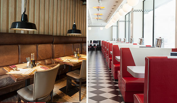 Zwei Bilder von Restaurants nebeneinander.