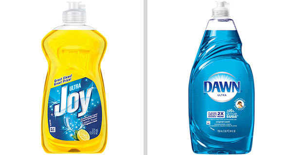Die Geschirrspülmittelmarken Joy und Dawn nebeneinander, als Beispiel für effektives Produkt-Branding.