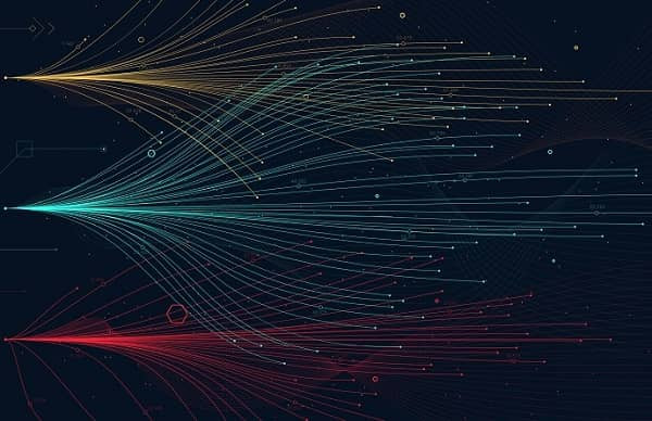 Verschiedenfarbige digitale Linien, die innerhalb eines Raumes verlaufen