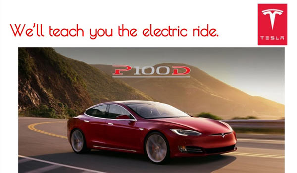 Eine Werbeanzeige für ein Fahrzeug der Marke Tesla.
