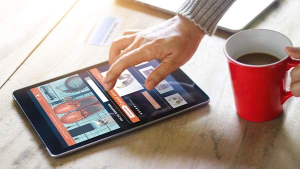 Eine Person schaut sich eine Webseite auf einem Tablet an.