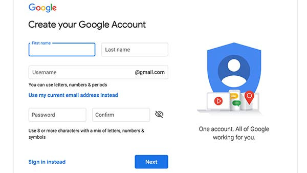 Die Anmeldeseite für Google.