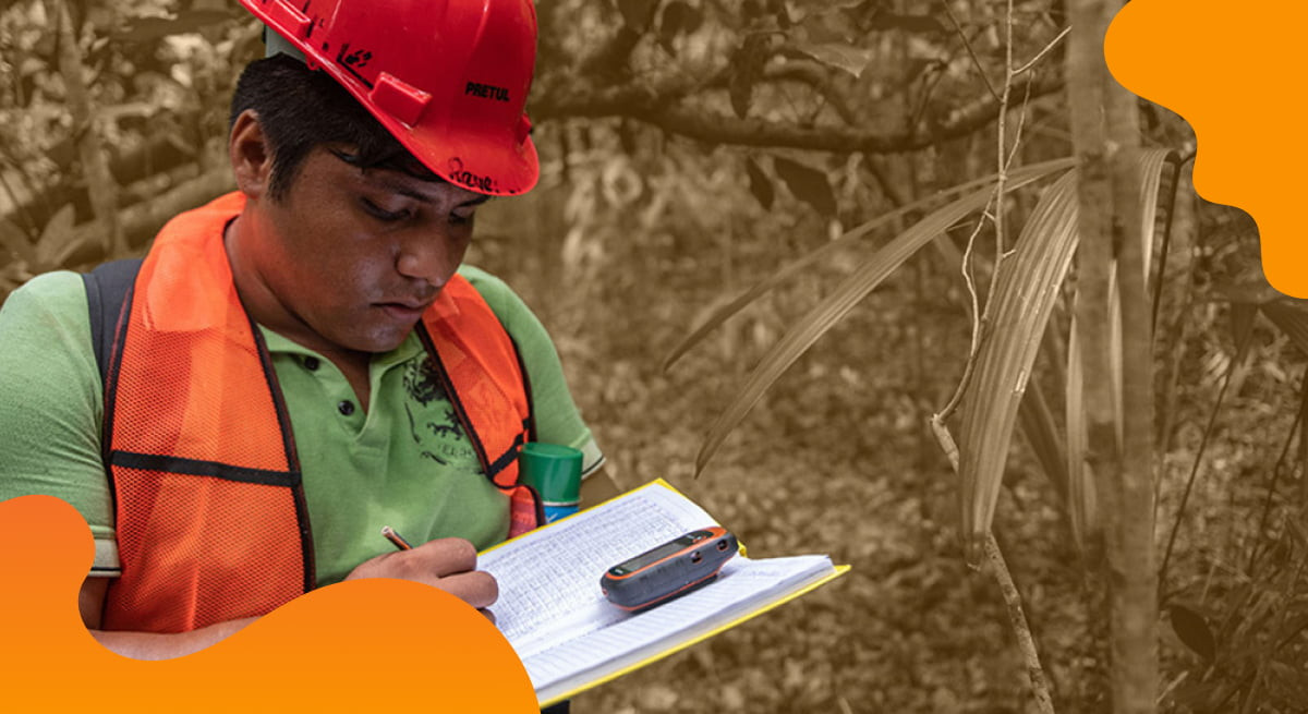 Das Titelbild des Forest Stewardship Council Dänemark in Orange zeigt einen Mitarbeiter beim Arbeiten im Wald.