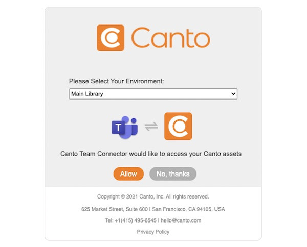 Ein Screenshot zeigt, wie Sie mit dem Canto Connector Ihr Canto Konto in Microsoft Teams einrichten.