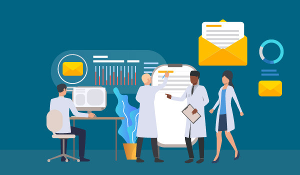 Wissenschaftler im Labor, mit Diagrammen und Bildmaterial aus E-Mails im Hintergrund.