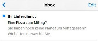 Eine E-Mail-Betreffzeile, die auf das Mittagessen Bezug nimmt.