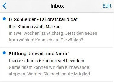 E-Mail-Betreffzeilen für Spendenwerbung, die den Vornamen des Empfängers verwenden.