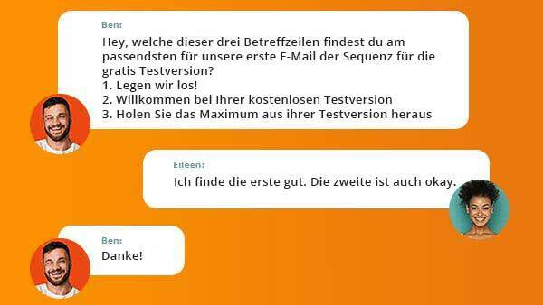 Eine Unterhaltung über mögliche E-Mail-Betreffzeilen.