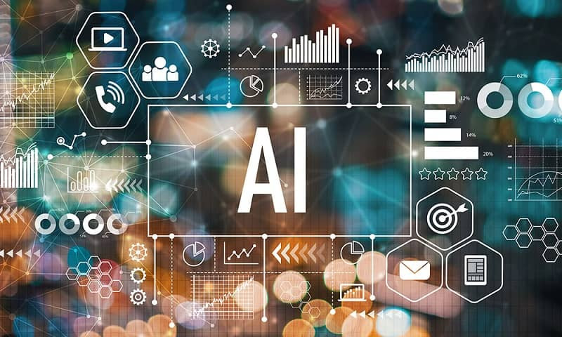 Auf einer digitalen Anzeige mit vielen Symbolen steht die Abkürzung für künstliche Intelligenz in der Mitte und ist mit allem verknüpft.