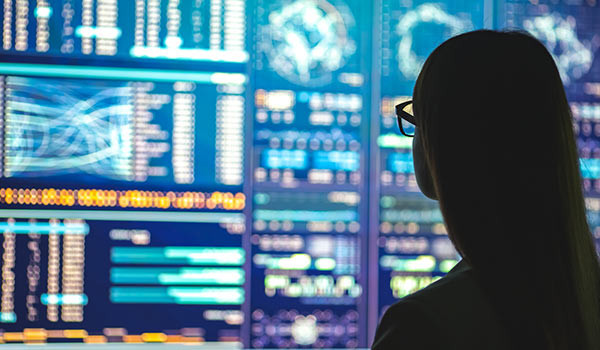 Eine Person analysiert Computer und Daten.