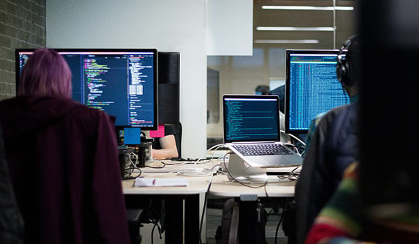 Zwei Programmierer schreiben Code für eine Software.