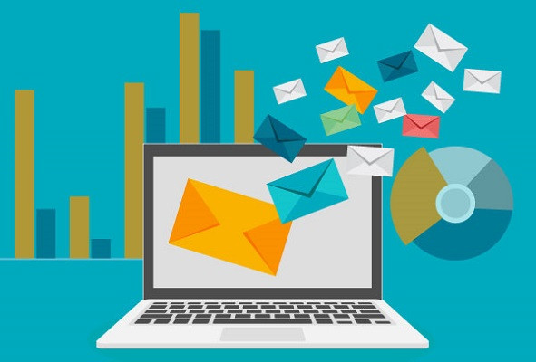 Abbildung von E-Mails, die aus einem Laptop-Computer strömen, wobei im Hintergrund Grafiken zur E-Mail-Auswertung zu sehen sind.