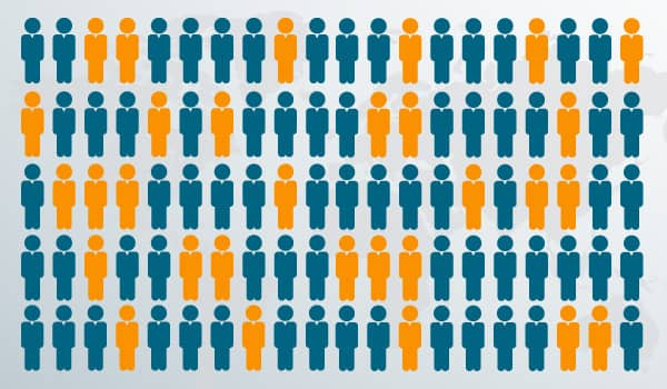 Blaue und orangene Silhouetten von Personen, die E-Mail-Abonnenten repräsentieren.