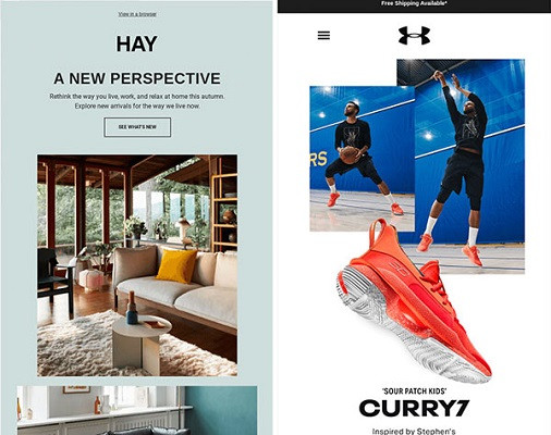 Visuelle aufwändig gestaltete E-Mails werben für Sofas von Hay und Turnschuhe von Under Armour.