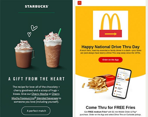 E-Mails von Starbucks und McDonalds mit den jeweiligen Markenfarben und -logos.