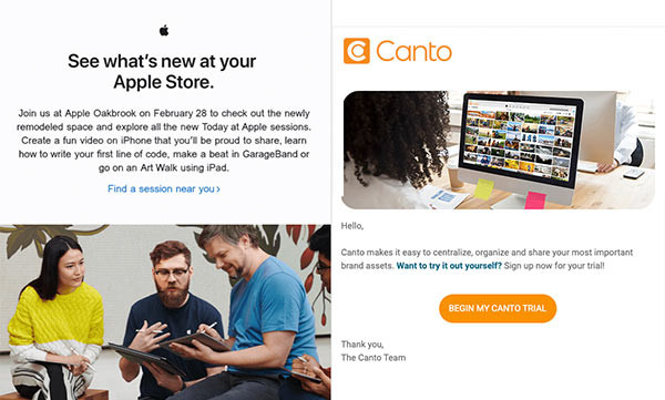 E-Mails von Apple und Canto, die ein ausgewogenes Verhältnis von Text und visuellen Elementen demonstrieren.