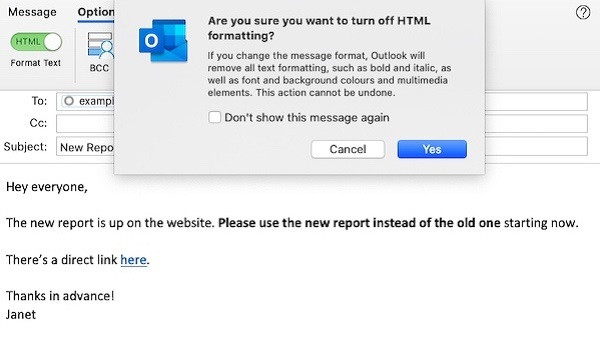 Screenshot eines E-Mail-Entwurfs in Outlook mit der Option, HTML zugunsten von reinem Text zu deaktivieren.