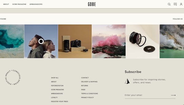 Screenshot der Webseite von Gobe mit dezentem E-Mail-Anmeldeformular in der Fußzeile.